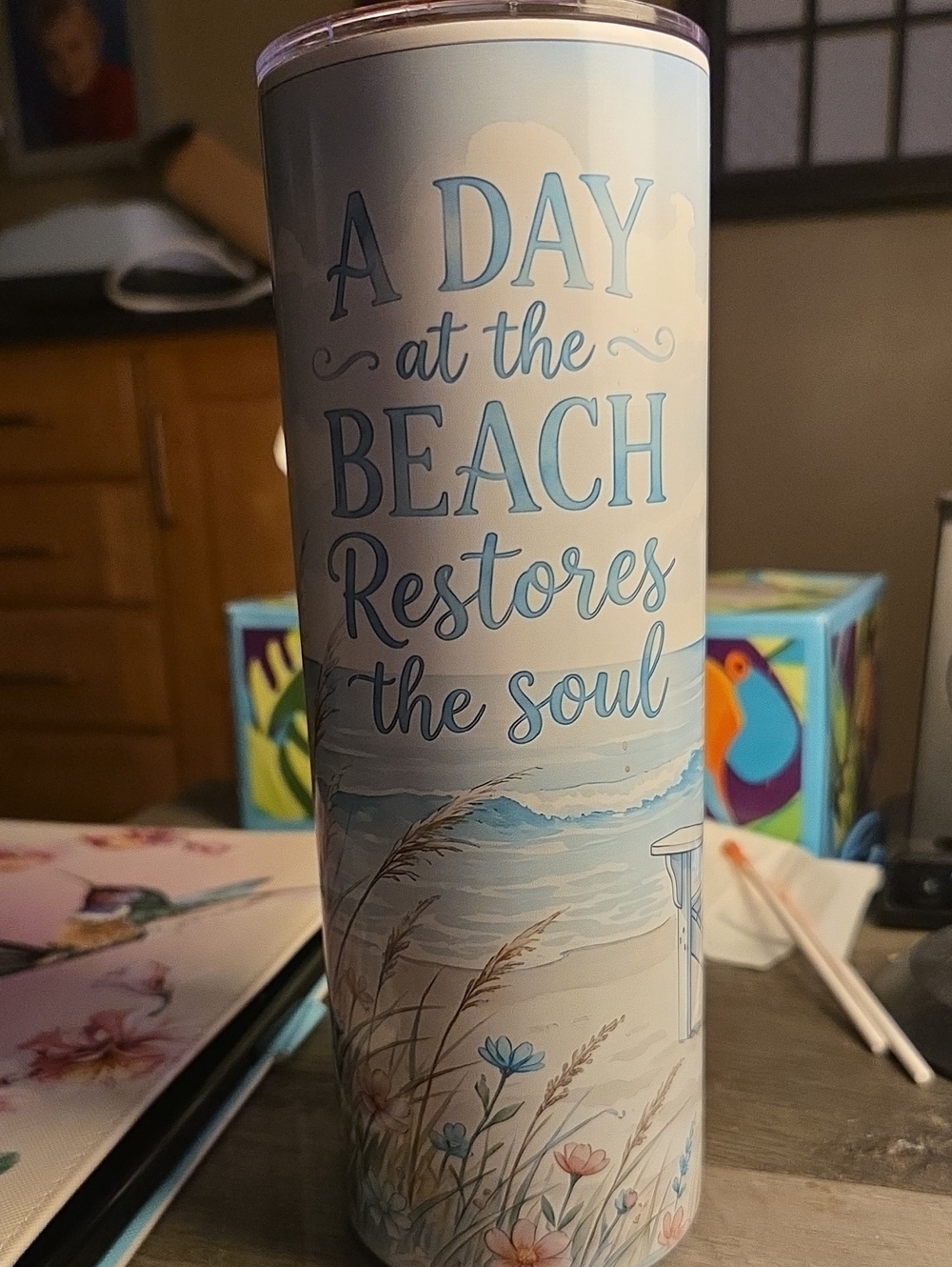 Beach Quote Tall Tumbler - Pastel Blue Floral